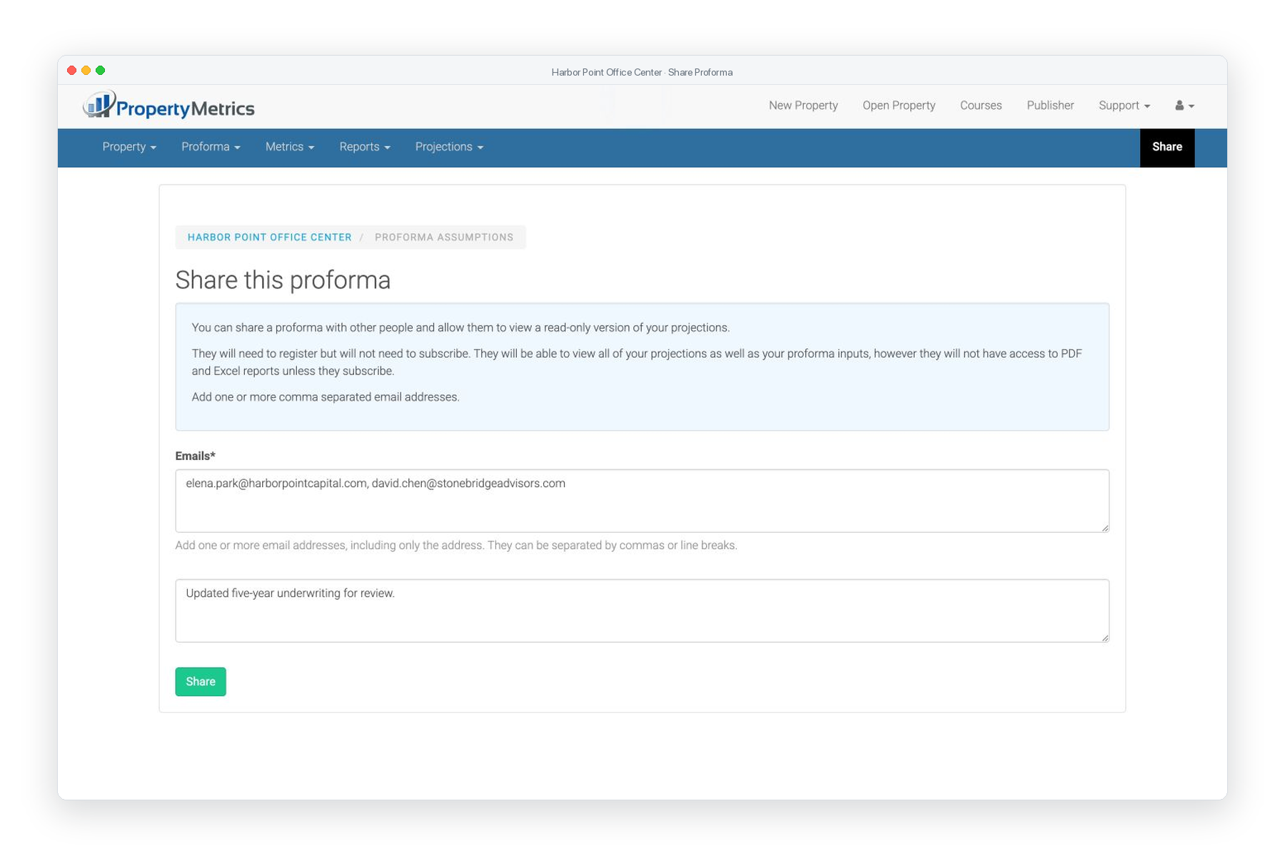 Screen showing how to share a PropertyMetrics commercial real estate proforma