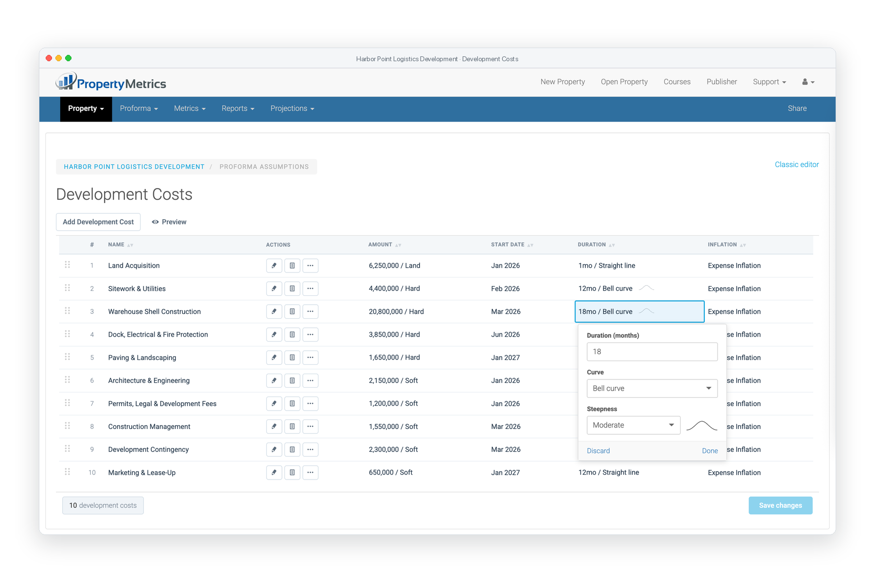 Hard, soft, and land costs for property development shown in PropertyMetrics