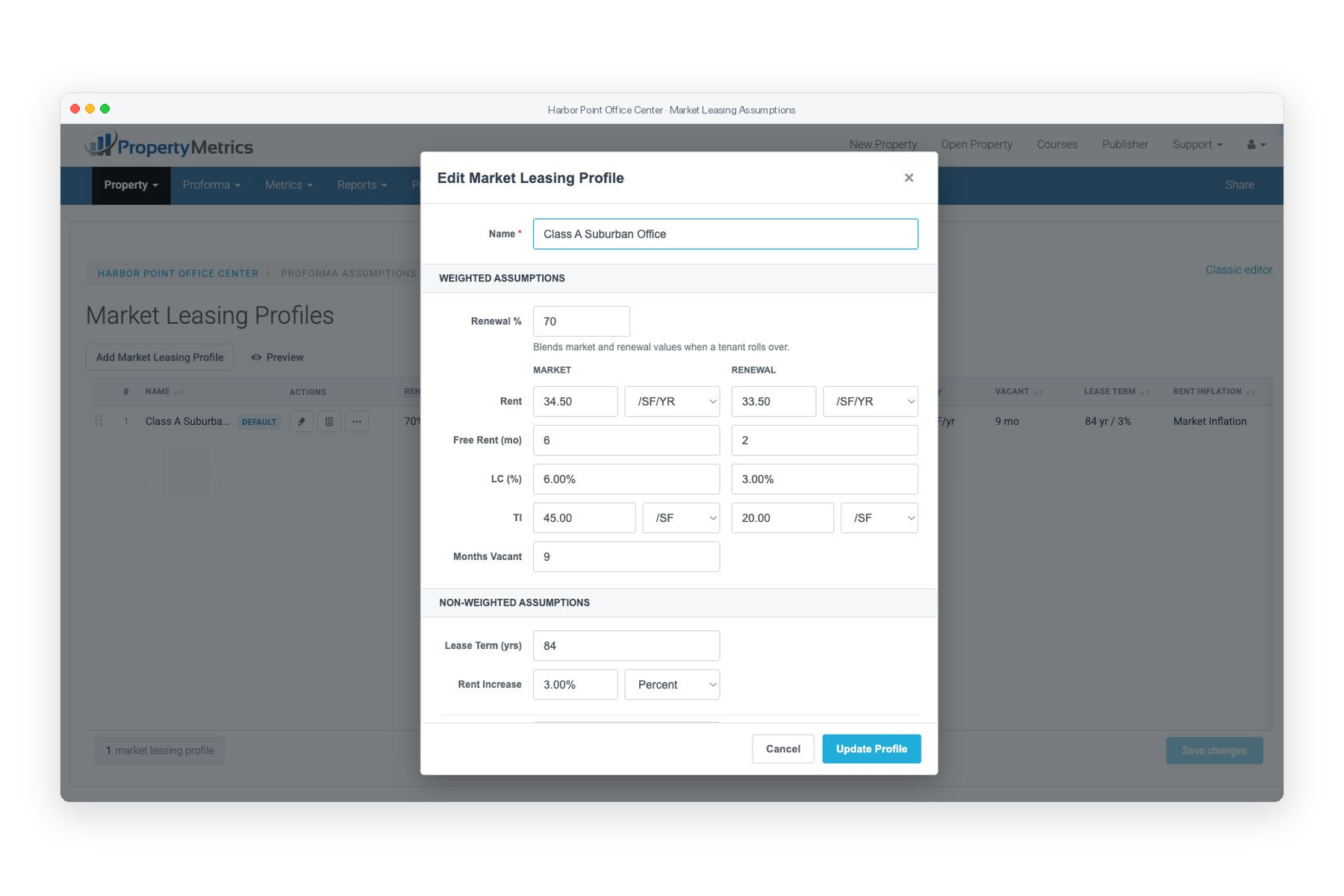 Market leasing assumptions in PropertyMetrics real estate proforma software